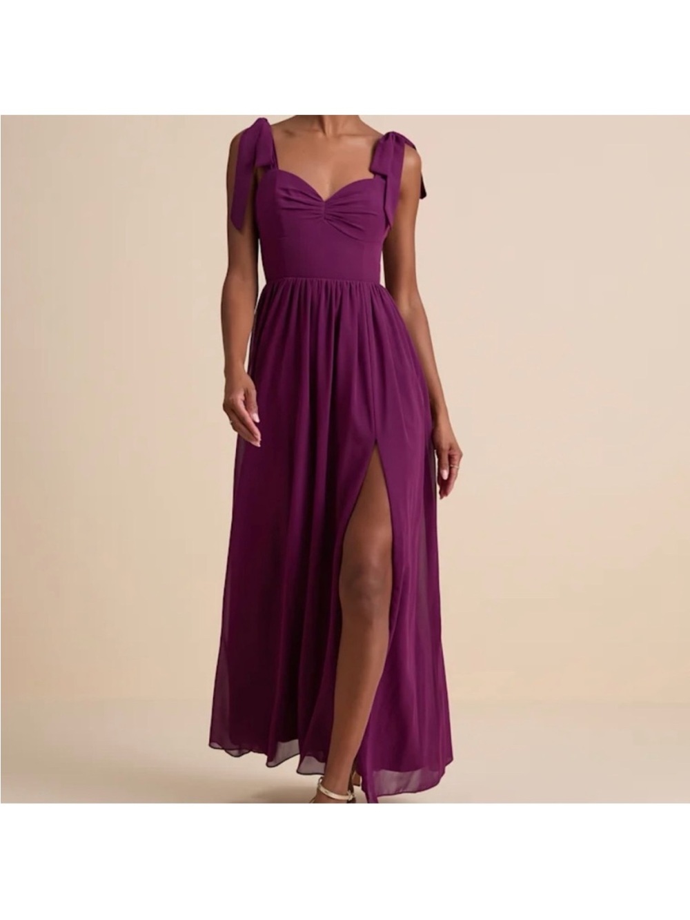 Lulus Tie-Shoulder Plum Maxi Dress with Thigh Slit NWT